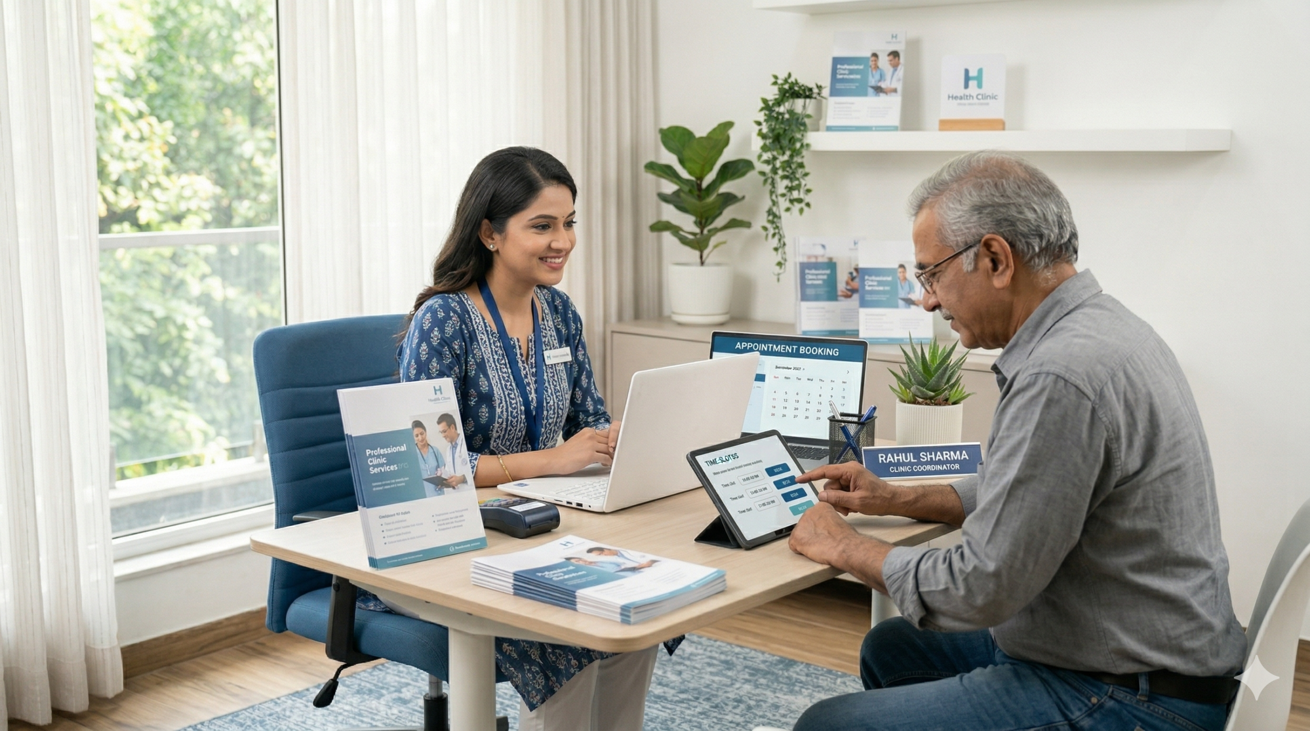Professional therapy and administrative session at a health clinic desk